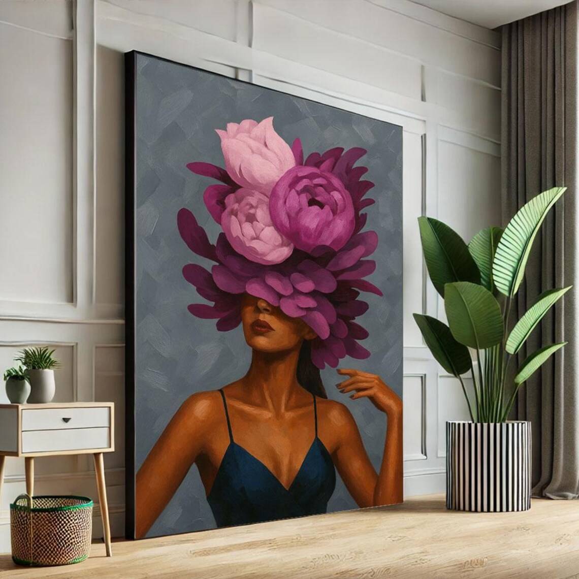 Colorful Floral Woman Portrait Purple Blooms Boho Art Poster