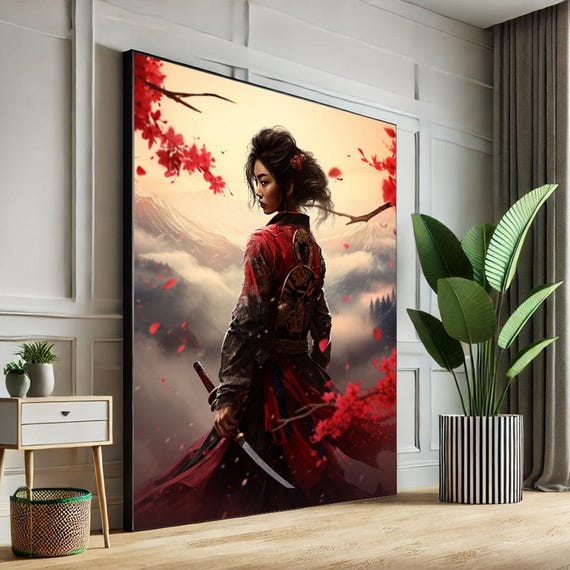 Japanese Warrior Woman Canvas Wall Art Print Bold Red Bedroom Decor Statement Piece