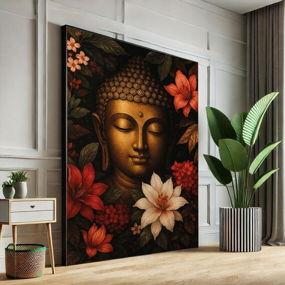 Golden Buddha With Red And White Lilies Dark Floral Zen Art Poster