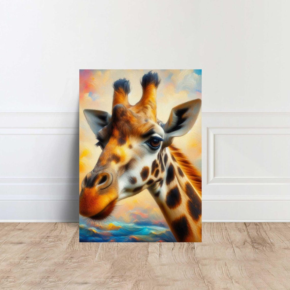 Giraffe Face Close Up Warm Pastel Brushwork Gentle Wildlife Art Poster