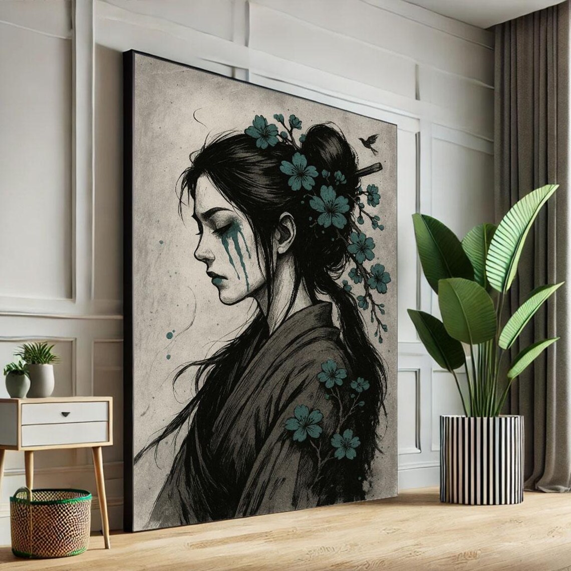 Emotional Ink Portrait Woman With Teal Tears And Flowers Poster