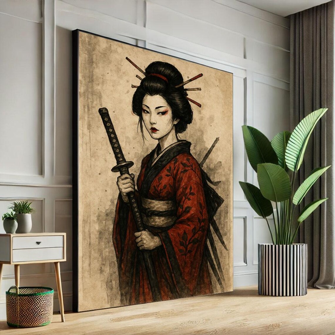 Ink Wash Geisha Warrior With Katana Red Kimono Vintage Art Poster