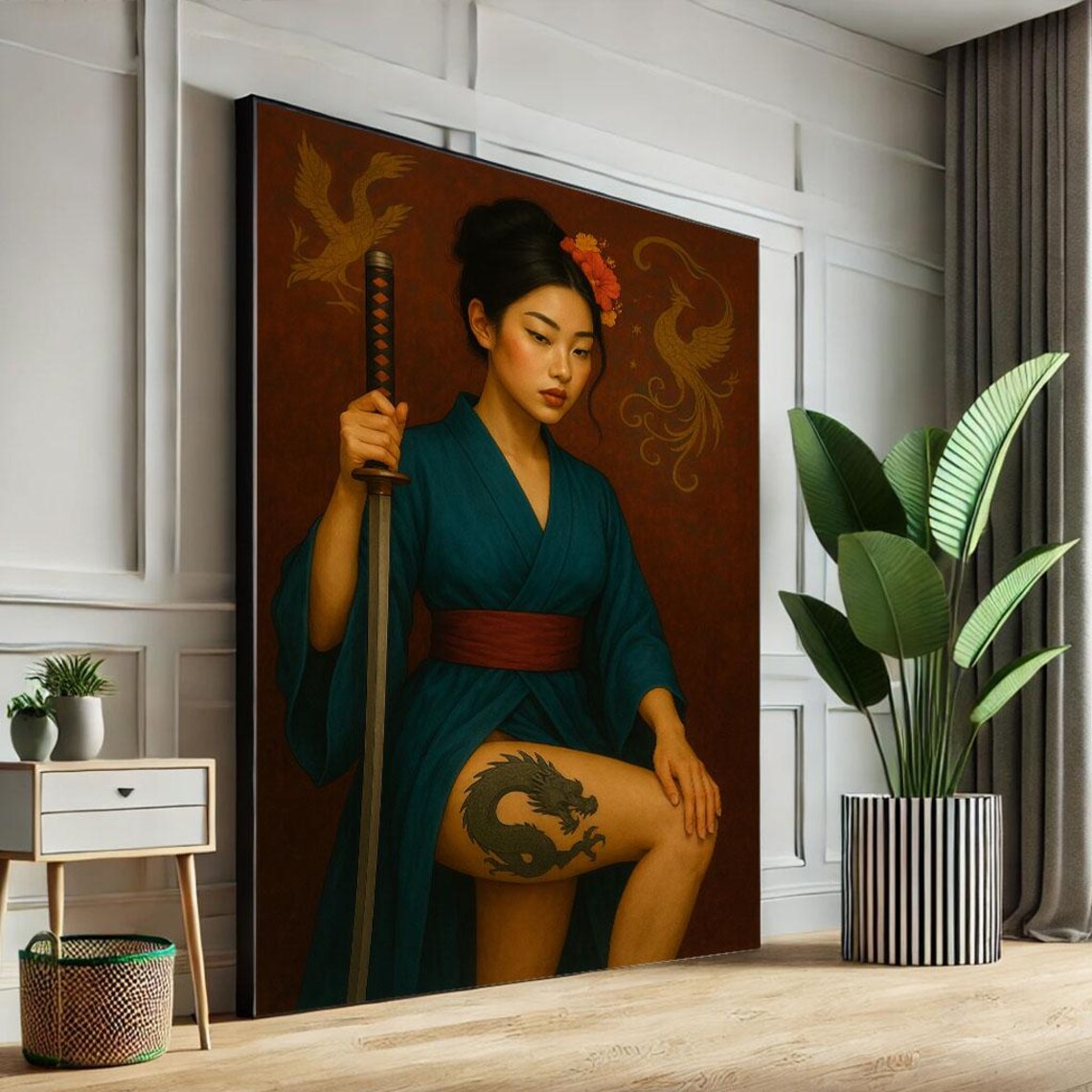 Elegant Samurai Woman Teal Kimono Dragon Phoenix Gold Art Poster