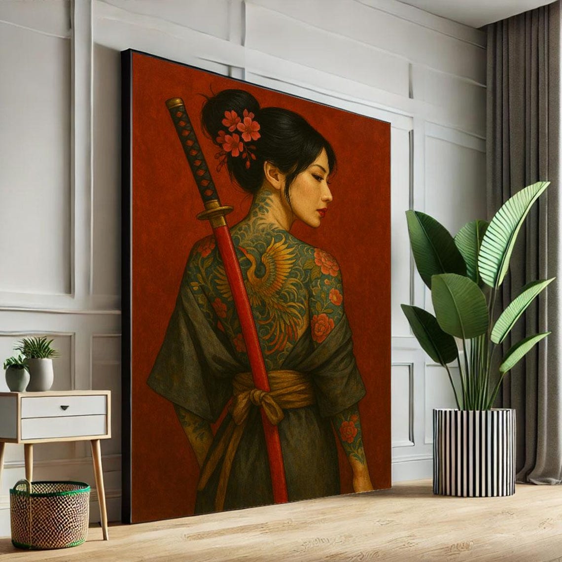 Geisha With Katana And Phoenix Tattoo On Bold Red Background Poster