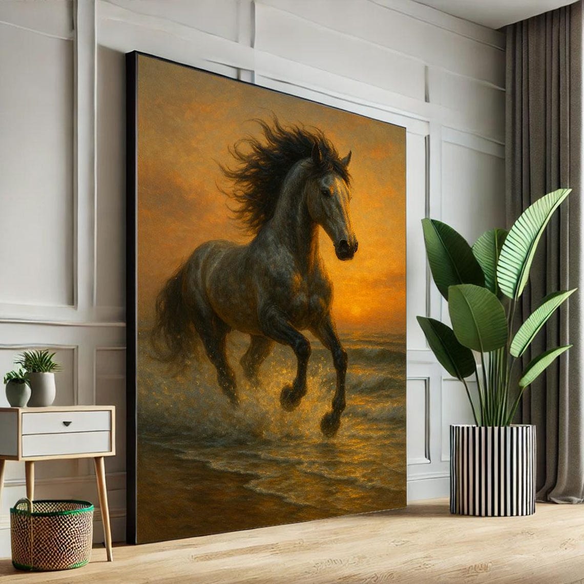 Majestic Black Horse Galloping Through Ocean Waves Sunset Poster