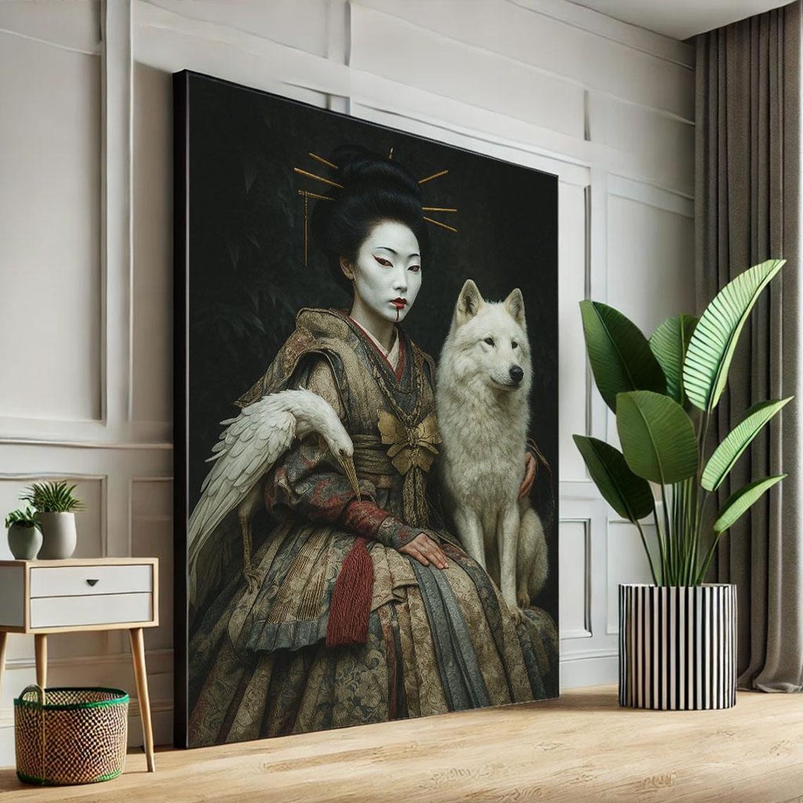 Mystical White Faced Geisha With Wolf And Crane Portrait Poster