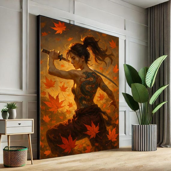 Bold Samurai Warrior Canvas Wall Art Print Fiery Orange Living Room Decor Statement Piece