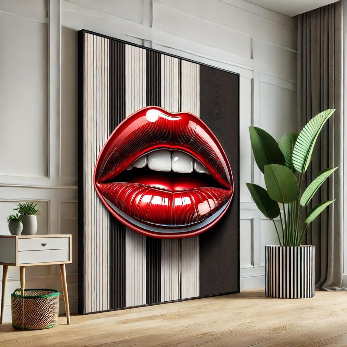 Glossy Red Lips Pop Art Bold Panels Black White Decor Poster