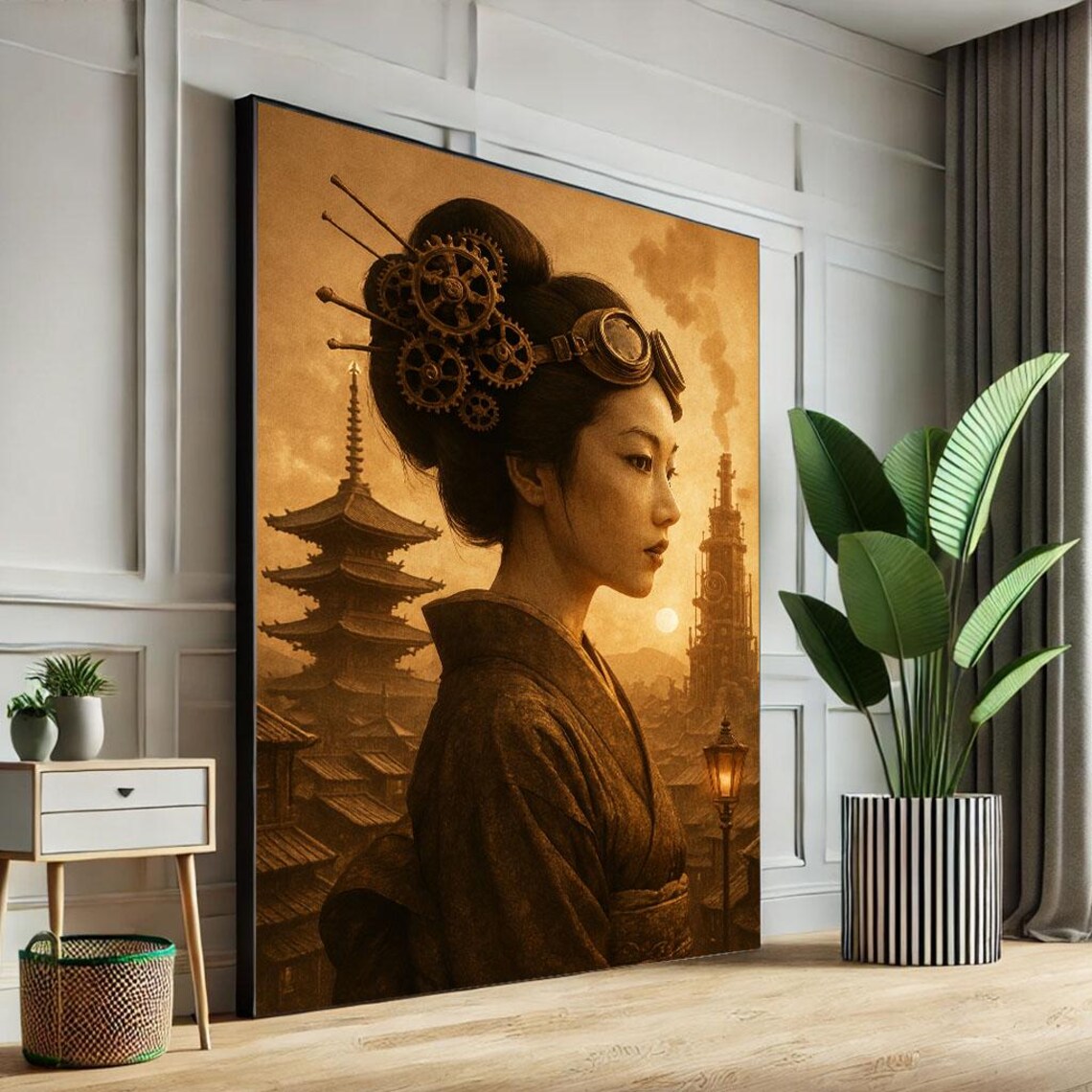 Steampunk Geisha Gears Goggles Pagoda Sunset Industrial Art Poster