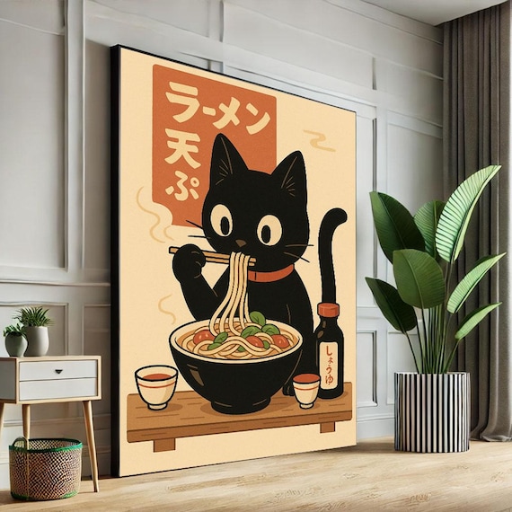 Cute Black Cat Eating Ramen Japanese Kawaii Funny Food Poster