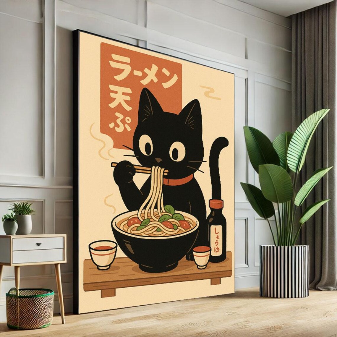 Cute Black Cat Eating Ramen Japanese Kawaii Funny Food Poster