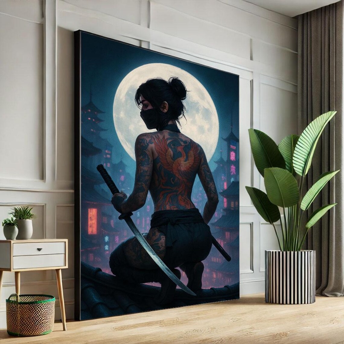 Masked Ninja Woman Full Moon Neon Pagoda Tattoo Sword Art Poster
