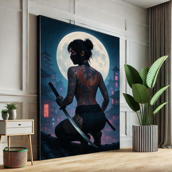 Mysterious Samurai Woman With Moon Canvas Wall Art Print Dark Blue Living Room Decor Statement Piece