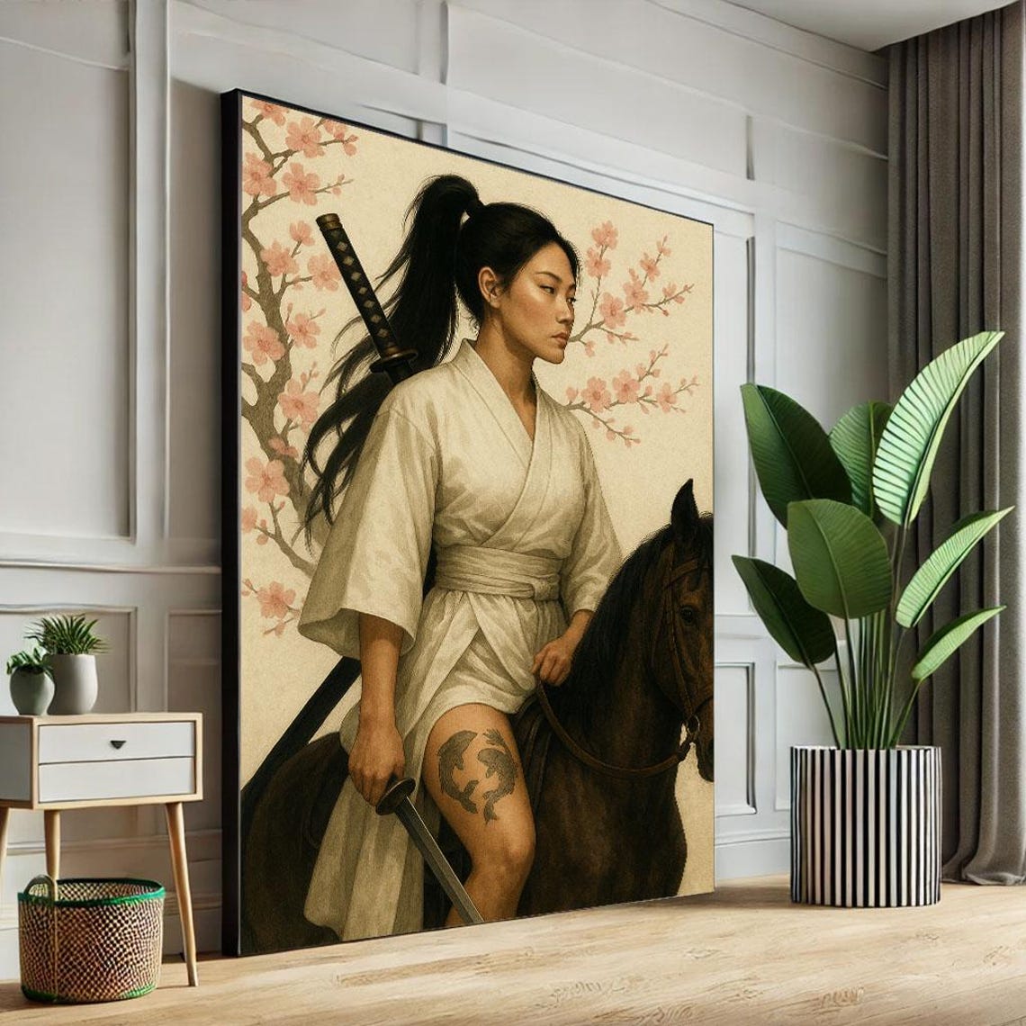 Elegant Samurai Woman on Horse White Kimono Blossom Art Poster