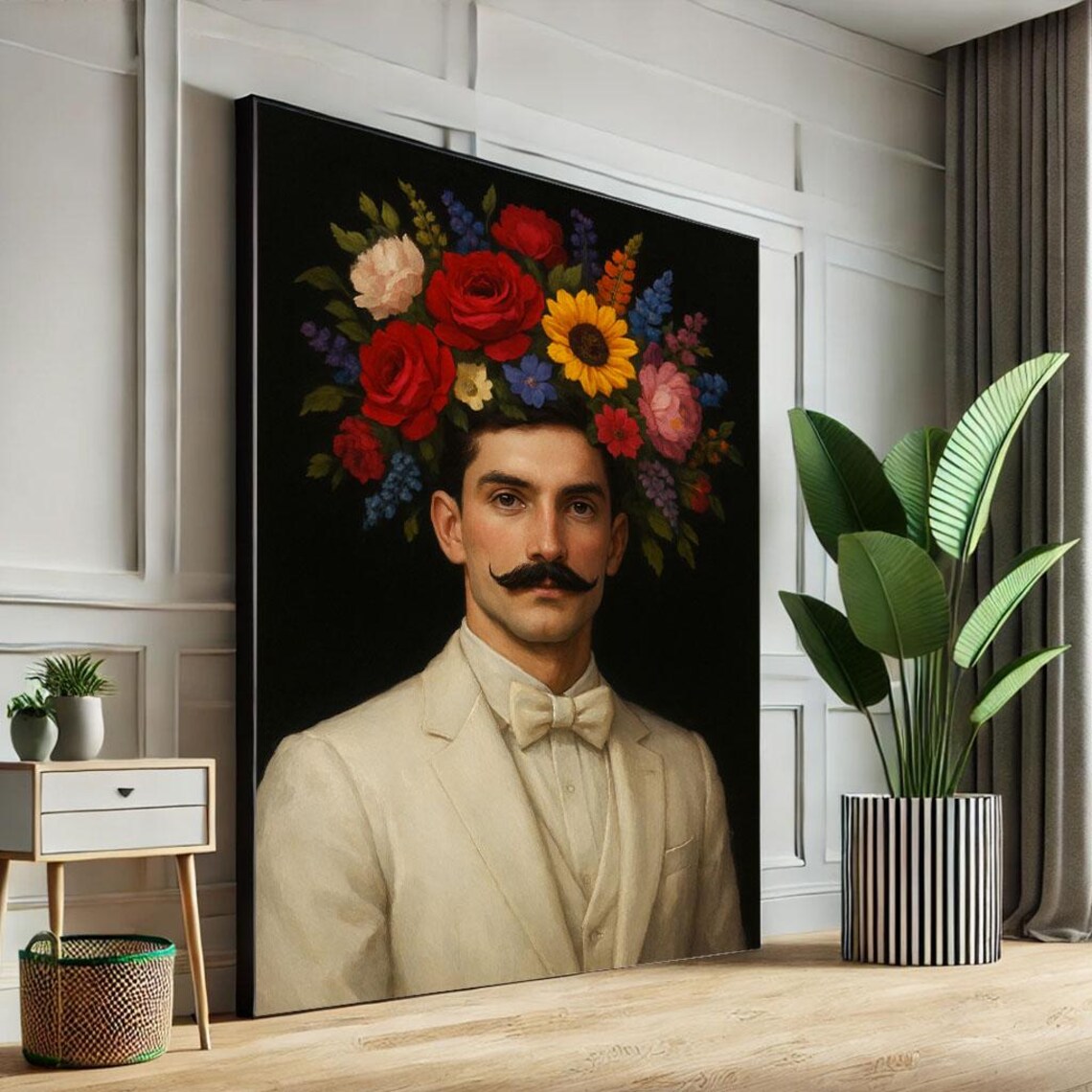 Elegant Mustached Gentleman Floral Crown Boho Portrait Art Poster