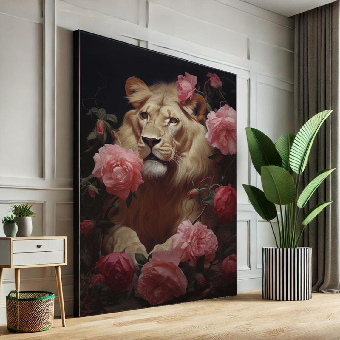 Royal Elegant Lion Among Pink Roses Dark Floral Wildlife Poster