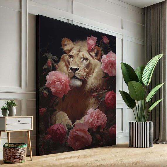Majestic Lion Amidst Roses Canvas Wall Art Print Elegant Living Room Decor Statement Piece For Modern Interiors