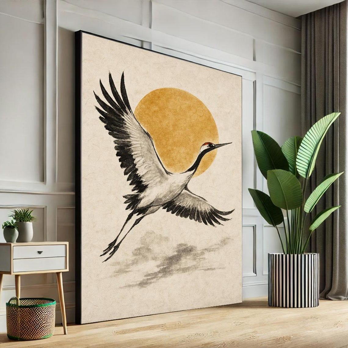 Red Crowned Crane In Flight Past Golden Sun Japanese Art Poster