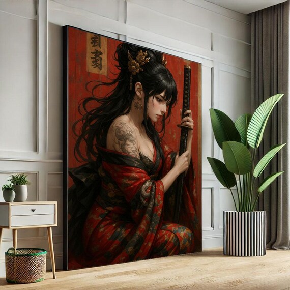 Kneeling Samurai Woman With Katana In Red And Black Kimono Poster