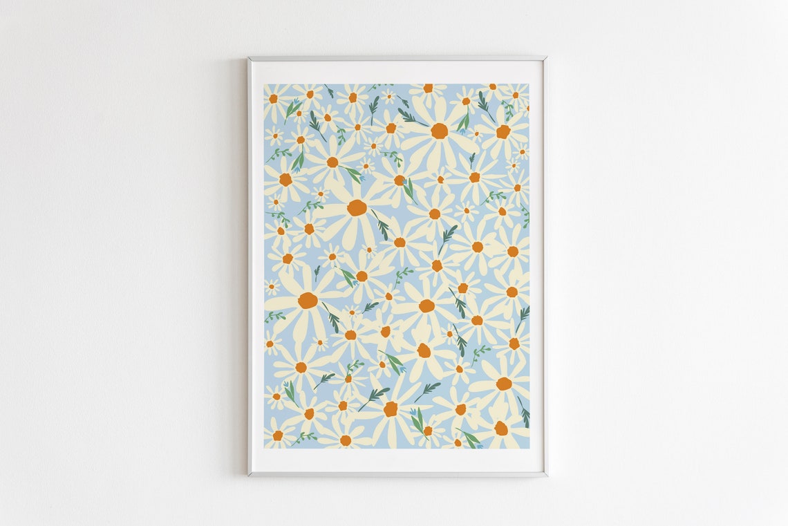White Daisies on Soft Blue Hand Drawn Floral Pattern Spring Poster