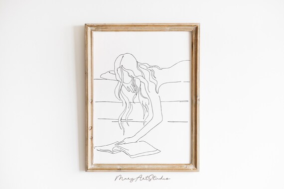 Relaxed Woman Reading in Bed Minimalist Line Art Reader Poster