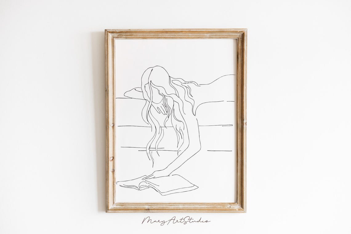 Relaxed Woman Reading in Bed Minimalist Line Art Reader Poster