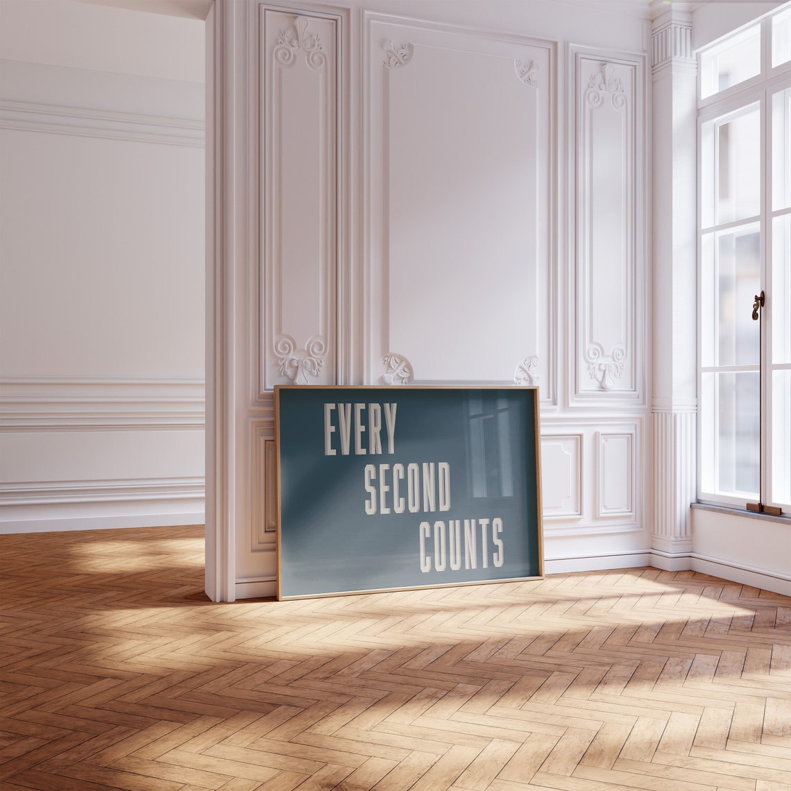 Every Second Counts Cream Text on Dark Teal Landscape Quote Poster - Image 2