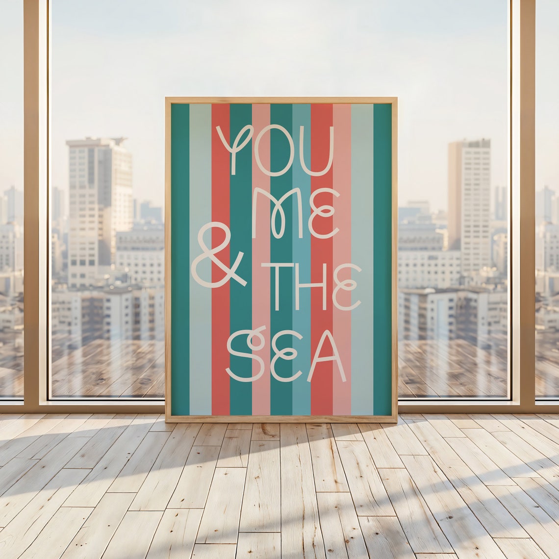 You Me and the Sea Teal Coral Stripe Cream Text Beach Poster - Image 2