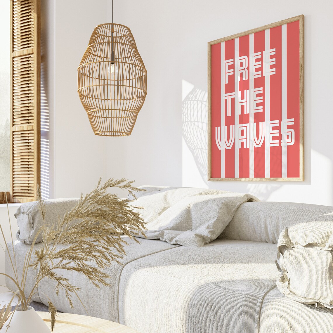 Free the Waves Cream Stripes on Coral Landscape Retro Surf Poster - Image 3