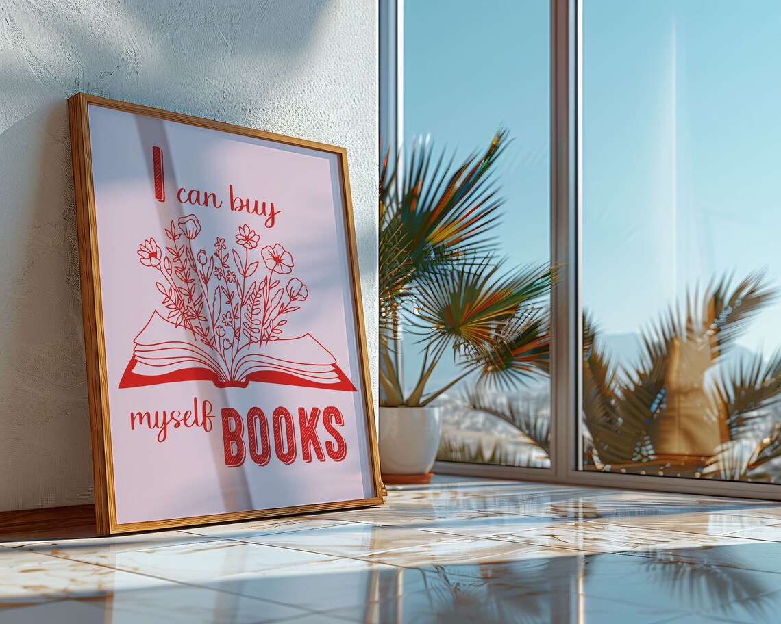 I Can Buy Myself Books Pink Red Floral Open Book Quote Poster - Image 3