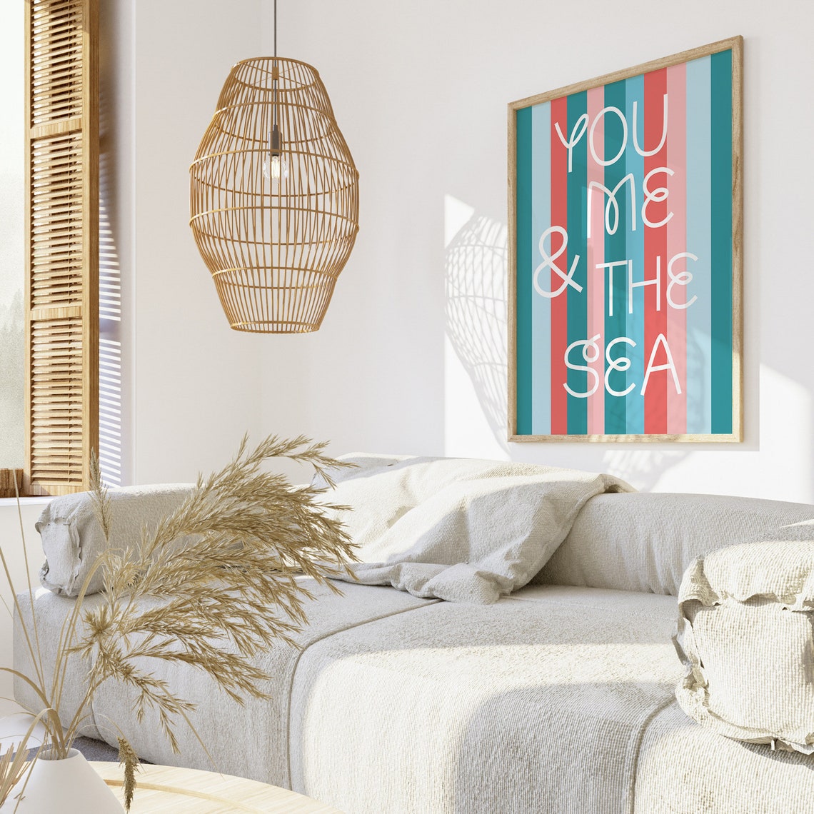You Me and the Sea Teal Coral Stripe Cream Text Beach Poster - Image 3