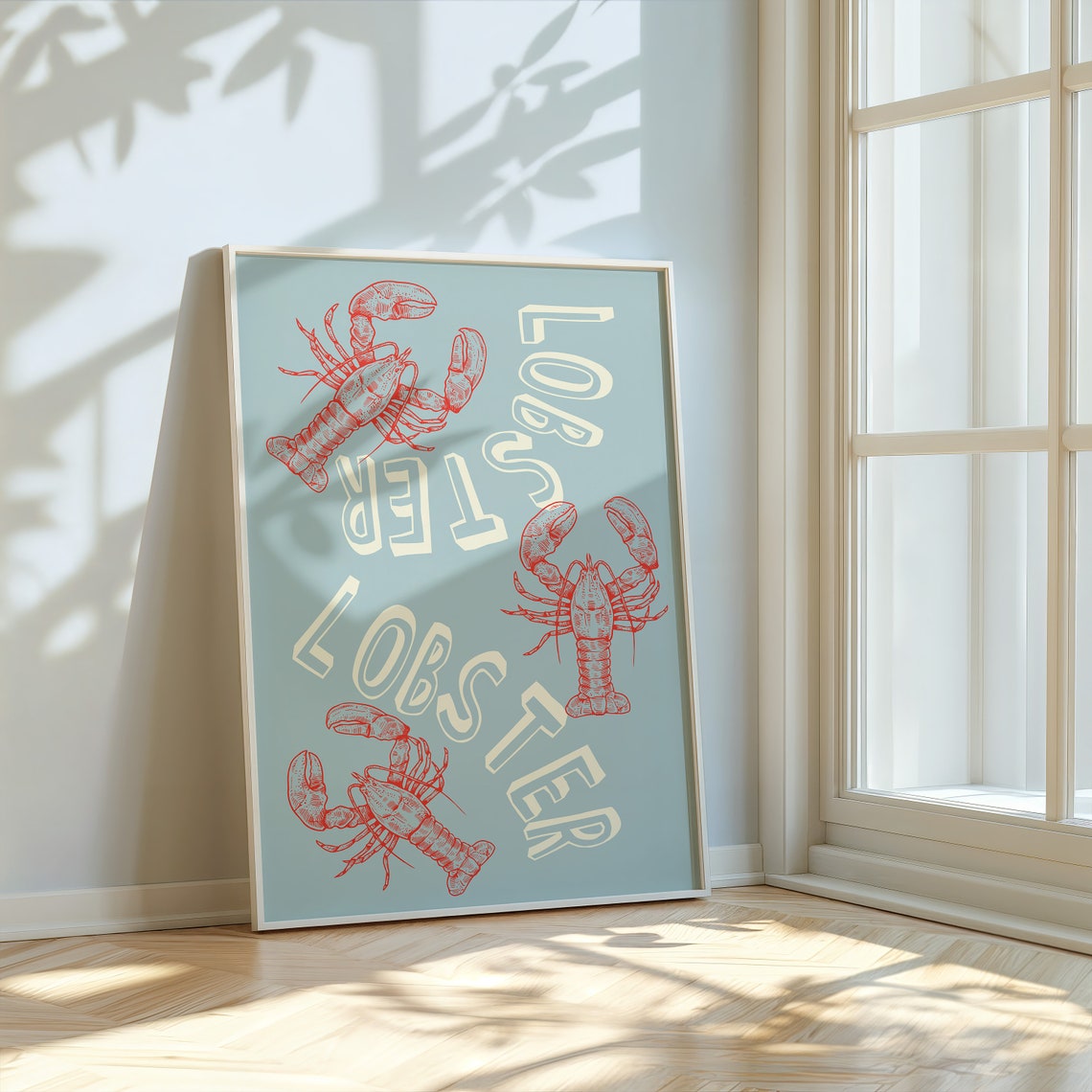 Lobster Lobster Red Illustration Blue Coastal Kitchen Wall Art - Image 2