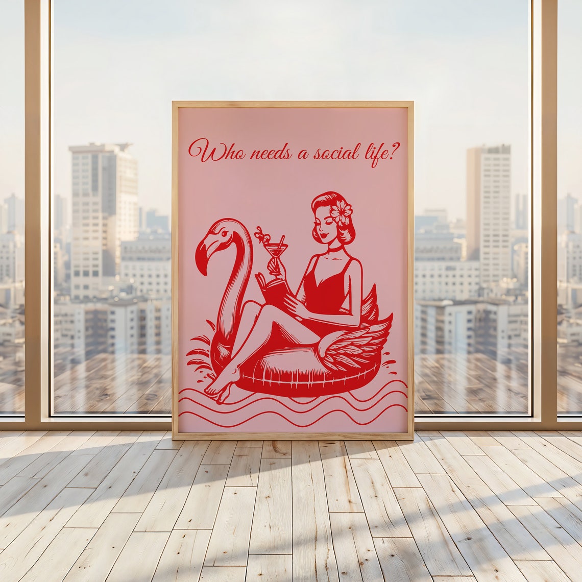 Who Needs A Social Life Retro Pink Flamingo Float Cocktail Poster - Image 2