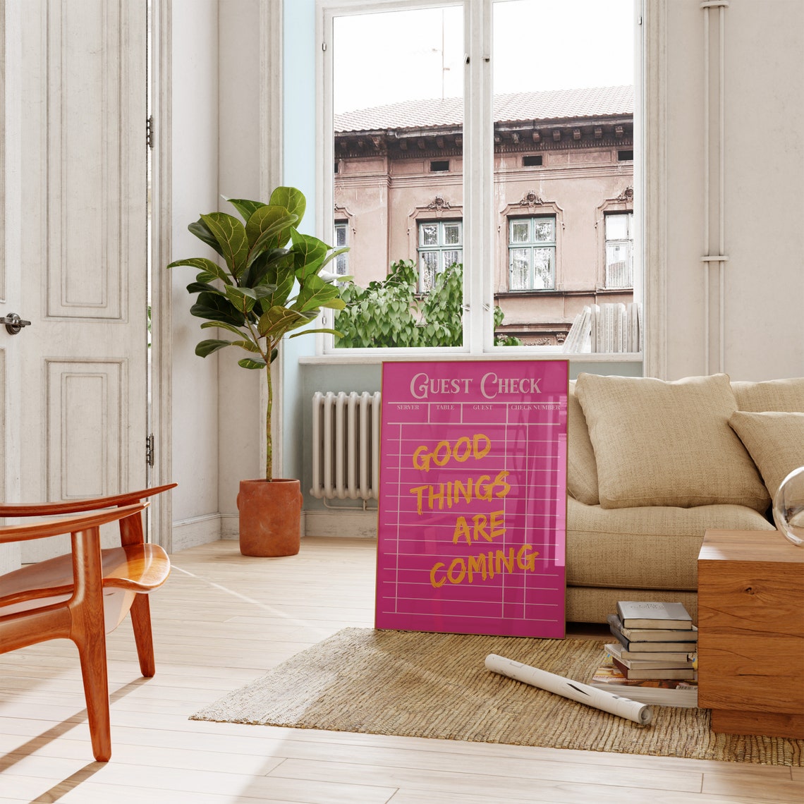 Hot Pink Guest Check Good Things Are Coming Retro Quote Wall Poster - Image 2