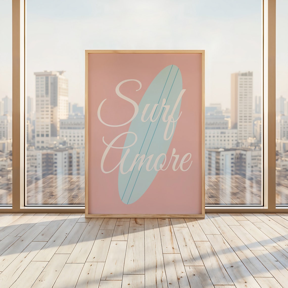 Surf Amore Cream Script Blue Surfboard on Soft Blush Pink Poster