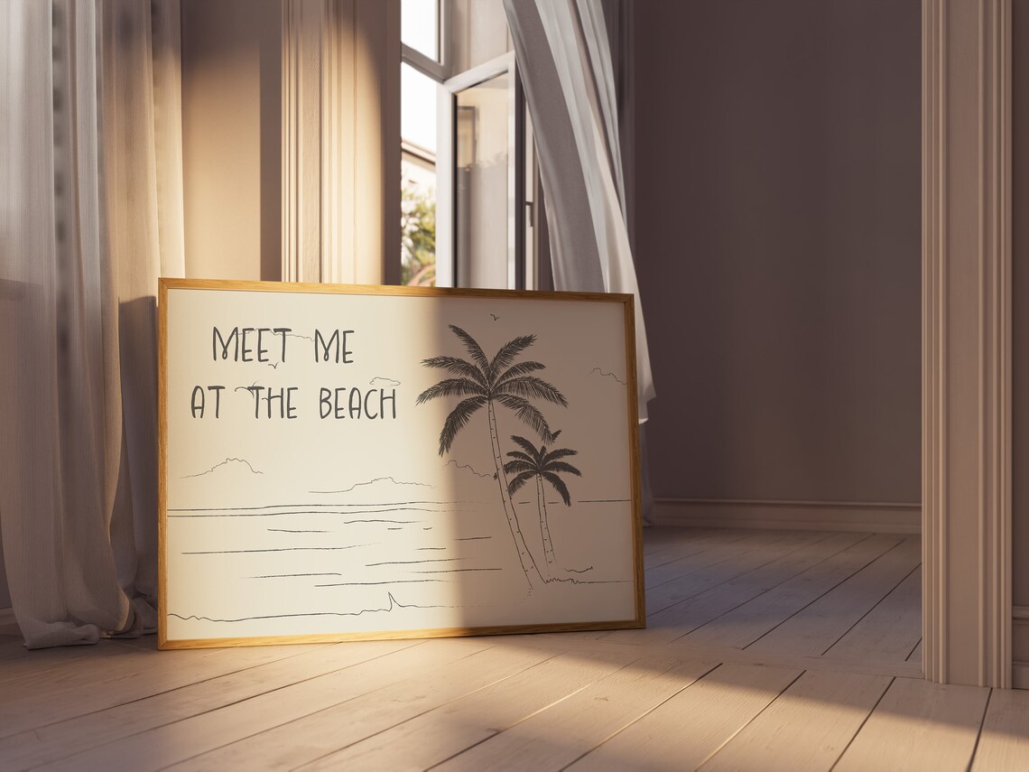 Meet Me at the Beach Charcoal Palm Trees Sketch Coastal Poster - Image 3