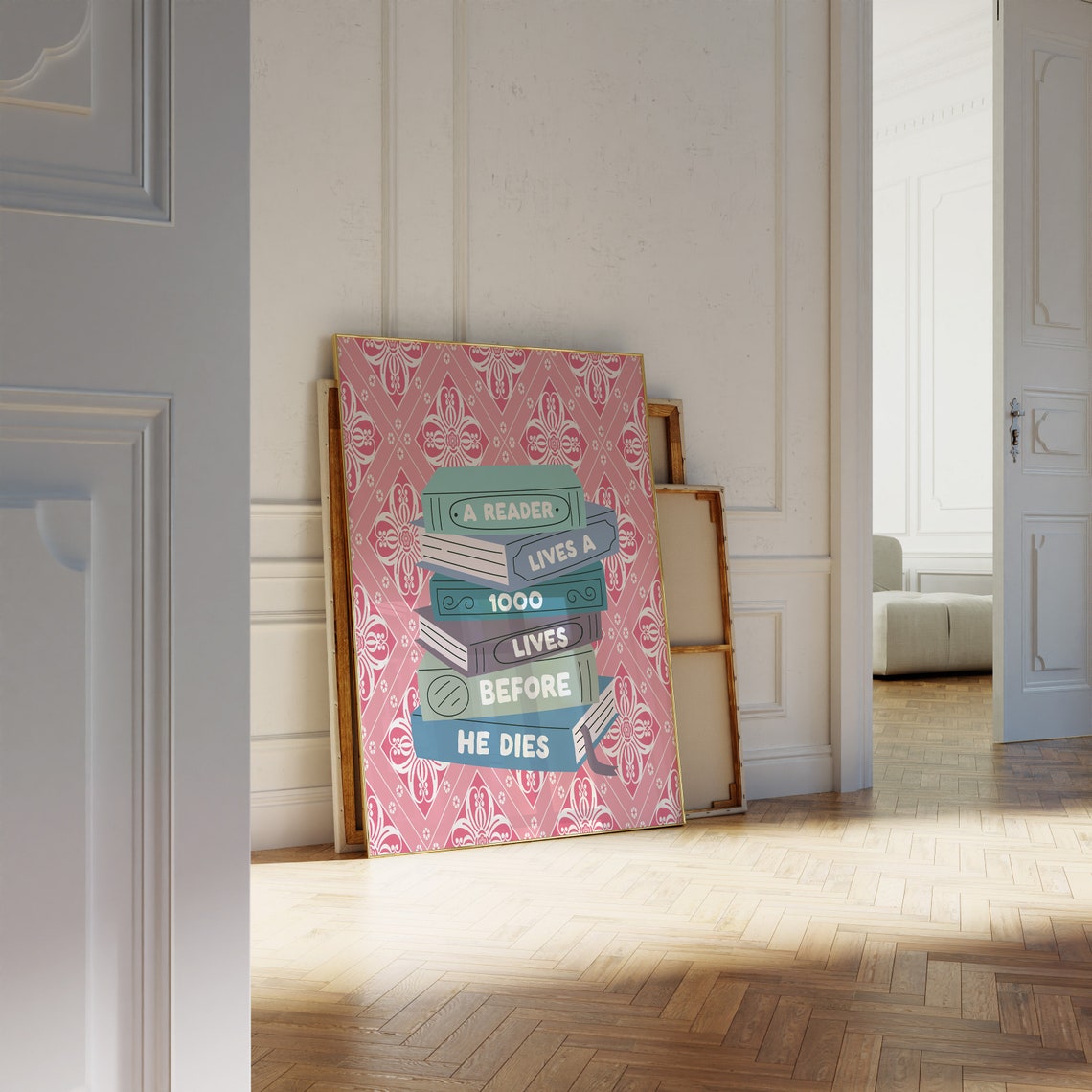 A Reader Lives 1000 Lives Stacked Books Library Quote Poster - Image 2