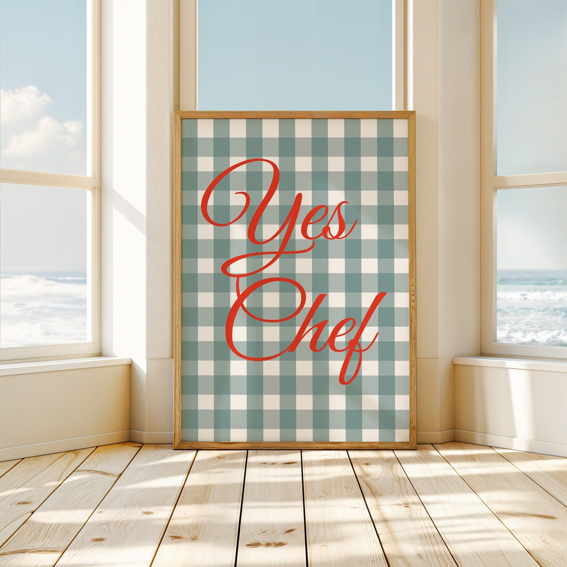 Yes Chef Red Script Teal Gingham Kitchen Bistro Decor Poster - Image 2
