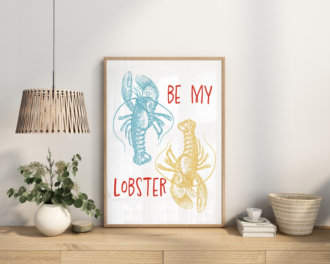 Be My Lobster Blue Yellow Vintage Sea Life Kitchen Art Wall Art - Image 2