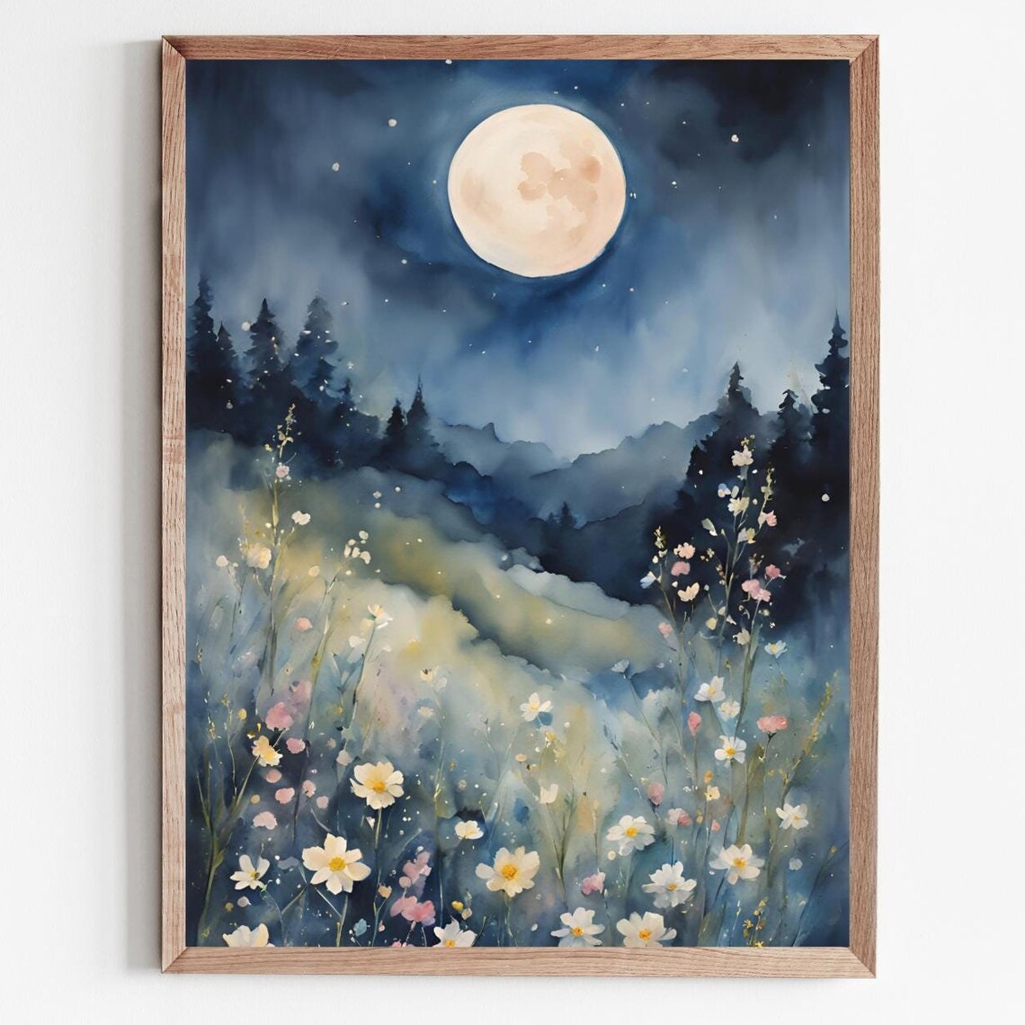 Full Moon Wildflowers Watercolor Art Print, Meadow