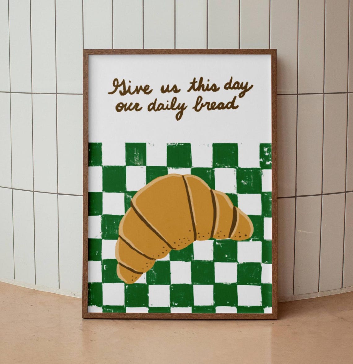 Give Us This Day Our Daily Bread Golden Croissant Green Gingham Poster - Image 2