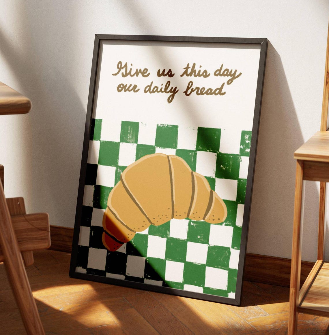 Give Us This Day Our Daily Bread Golden Croissant Green Gingham Poster - Image 3