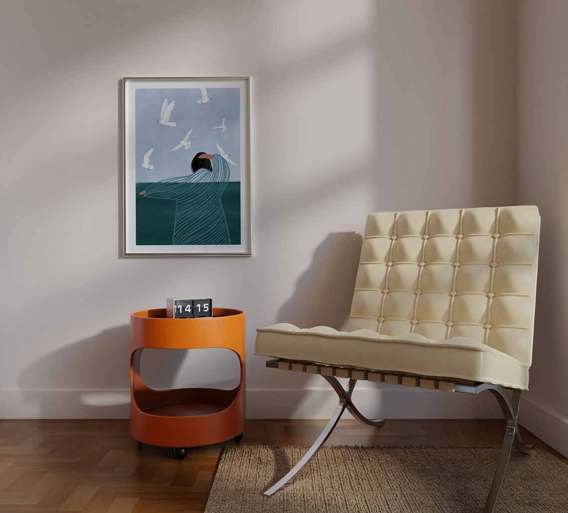 Seaside Mindful Art Print, Woman Ocean and Birds - Image 3