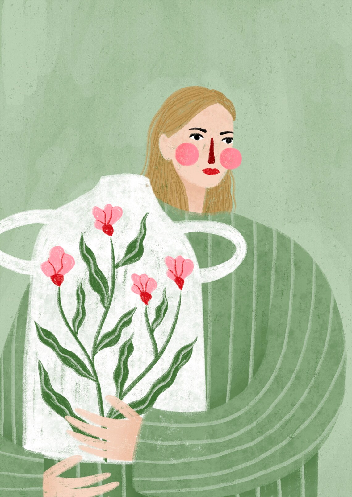 Woman With Flower Vase, Colorful Minimal Portrait Art - Image 3