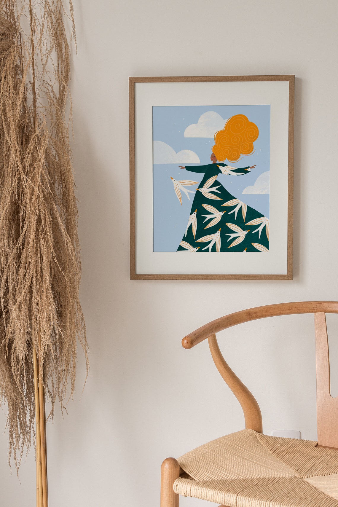 Free As A Bird Woman With Swallows Blue Sky Illustration Poster - Image 3