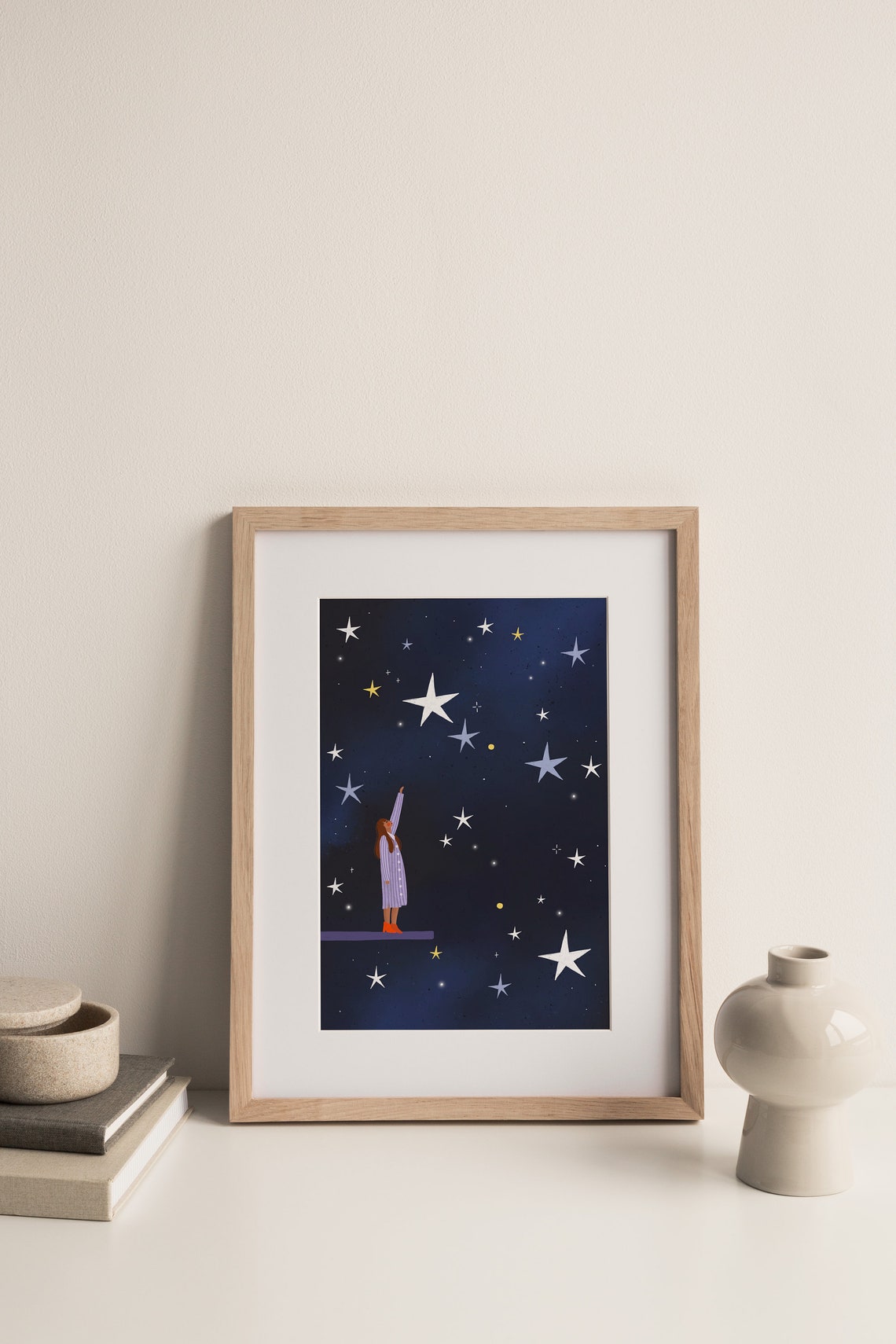 Girl Reaching For The Stars Night Sky Celestial Illustration Poster - Image 3
