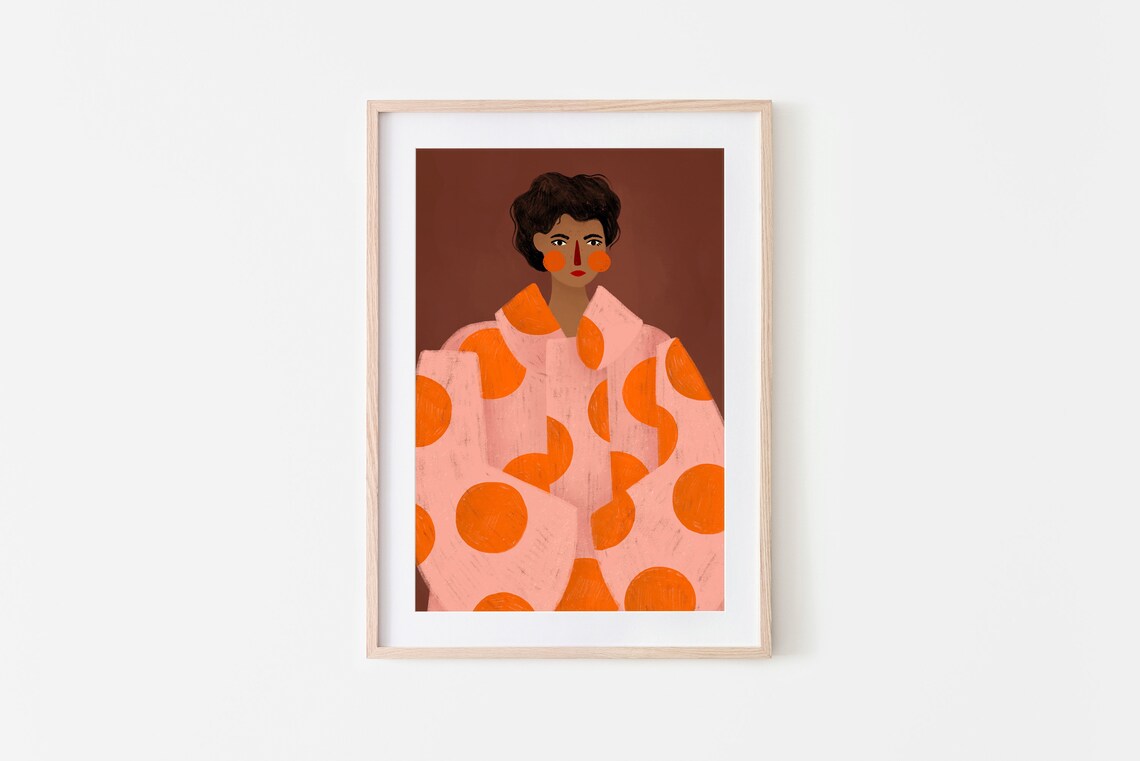 Woman With Orange Dots, Minimal Portrait Art Print