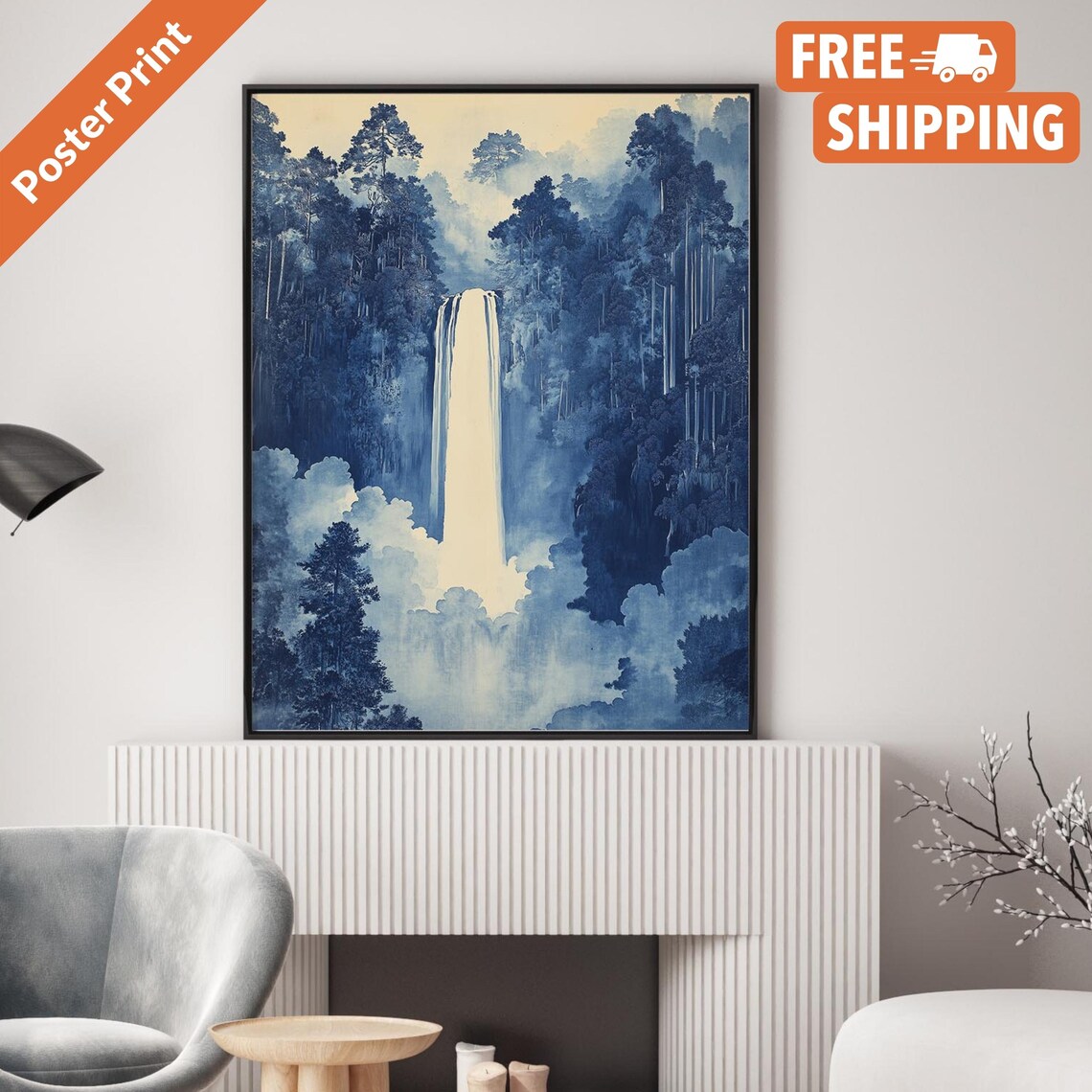 Hokusai Japanese Waterfall, Traditional Landscape Poster