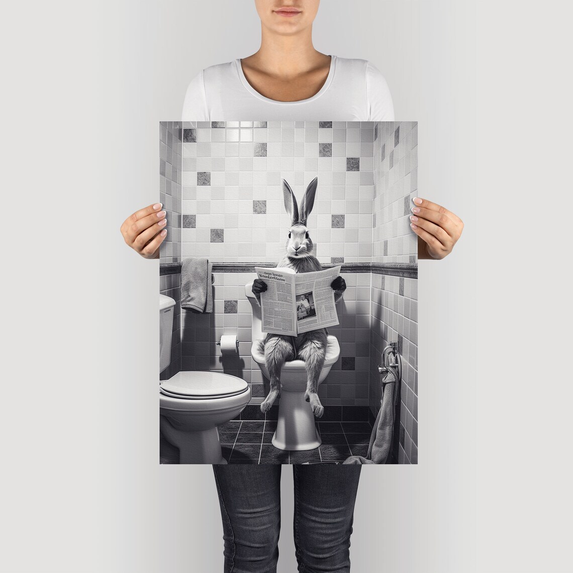 Rabbit On A Toilet Reading Newspaper, Humorous Animal