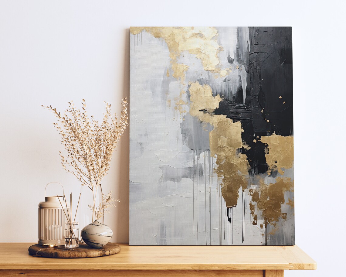Gold Black Abstract Painting, Living Room Decor - Image 2